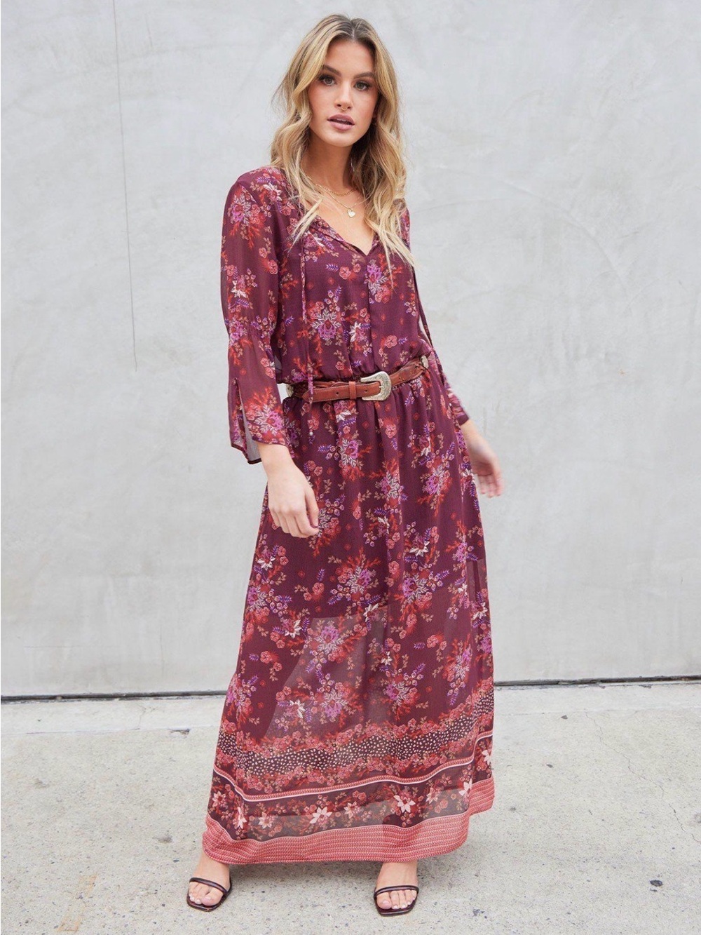 lovestitch Burgundy Floral V-Neck Maxi Dress